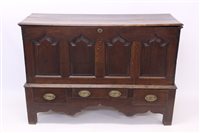 Lot 1613 - Early 18th century oak mule chest with hinged...