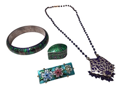 Lot 20 - Eastern style enamelled silver (925) elephant design bangle, white metal enamelled pendant on beaded chain, enamelled silver (925) trinket box and a Limoges brooch