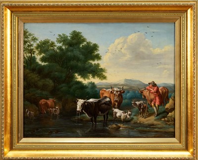 Lot 1470 - Manner of Johannes van der Bent (Dutch, c. 1650–1690) oil on canvas - Shepherd resting with cattle and goats by a pool, 43cm x 56cm, in gilt frame