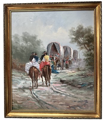 Lot 60 - Spanish School, 20th century, oil on canvas - Spanish Gypsy Caravans, indistinctly signed, 53.5cm x 44cm, in gilt frame