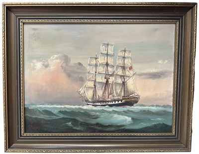 Lot 61 - English School, 20th century oil on canvas of a ship, signed 'D. Pring', 45cm x 60cm, in gilt frame