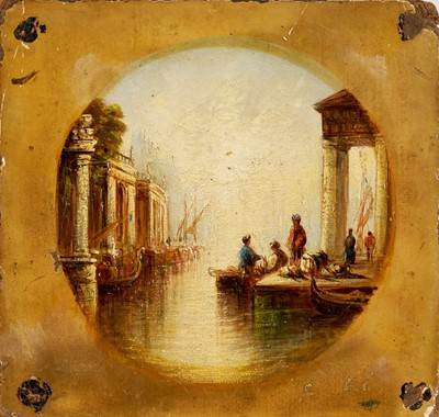 Lot 1319 - Francis Moltino (Italian, 1818-1874), pair of oils on board - Venetian Canals, one monogrammed, 21.5cm tondo, unframed, board size 27.5cm x 28cm