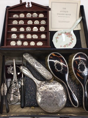 Lot 34 - Group of silver mounted dressing table mirrors and brushes including enamelled and tortoiseshell, pair of silver handled glove stretchers, other items, cased manicure set and a collection of eye...