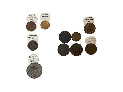 Lot 444 - G.B. - Mixed copper & bronze coins to include Charles II Farthing 1673 AVF, George III Penny 1806 EF, George IV Farthing 1827 AEF, Victoria Farthing 1878 UNC & others (10 coins)