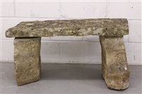 Lot 1618 - Carved stone bench, slab top on stone supports,...