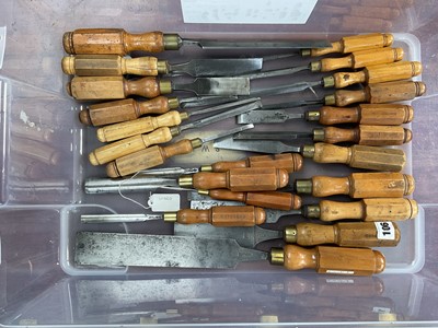 Lot 2491 - Collection of approximately 22 vintage chisels with steel blades turned wooden handles, by Marples, Sorby etc