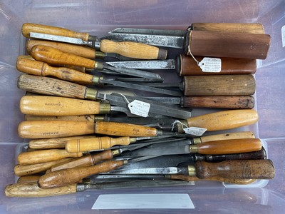 Lot 2492 - Collection of approximately 34 vintage chisels with steel blades and wooden handles, by Marples, Isaac Greaves, Sorby etc