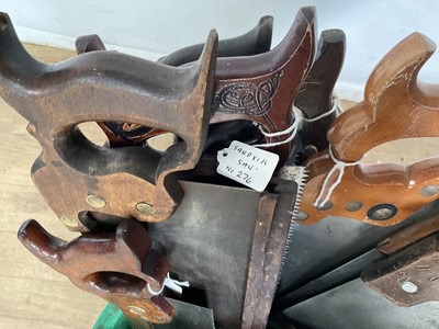 Lot 2495 - Collection of 20 saws to include antique saws with brass ridged steel blades by Henry Disston, J.G.Graves Ltd, W. Tyzack Sons & Turner Ltd, Slack Sellars & Co. Spear & Jackson, Alex...