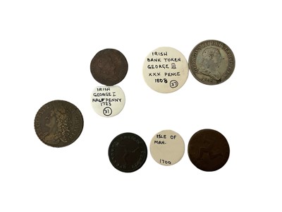 Lot 463 - World - Mixed coinage to include Ireland silver Thirty Pence bank token 1808 (N.B. Obv: Die flaw) otherwise F, gun money Half Crown 1689 (Augt) (N.B. Rev: Weak strike) otherwise GF-AVF, George I...