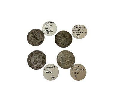 Lot 466 - World - Mixed silver Crown sized coins to include Naples & Sicily 120 Grani 1841 EF, France 5 Francs 1834 W GF-AVF U.S. Morgan Dollar 1921 EF & Republic of China Dollar GVF (4 coins)