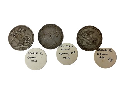 Lot 471 - G.B. - Mixed silver Crowns to include George III 1820 LX VF, George IV 1822 Tertio (N.B. Edge bruise) otherwise GF & Victoria YH 1844 cinquefoil stops (N.B. Rev: Edge bruises) otherwise GF (...