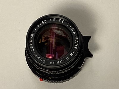 Lot 2355 - Leica Leitz Summicron-M f/2 50mm lens - Made in Canada - with protective filter and lens hood