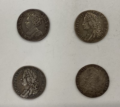 Lot 476 - G.B. - Mixed silver Shillings to include Anne 1711 reverse angles plain GVF-AEF, George II 1758 x 2 VF-GVF & George III 1787 GVF-AEF (4 coins)