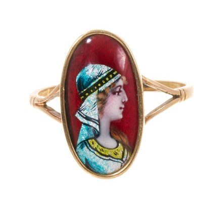 Lot 457 - Antique French Limoges enamel ring in gold mount