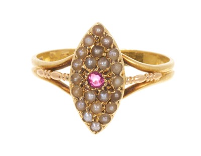 Lot 460 - Victorian 15ct gold ruby and seed pearl marquise shape cluster ring