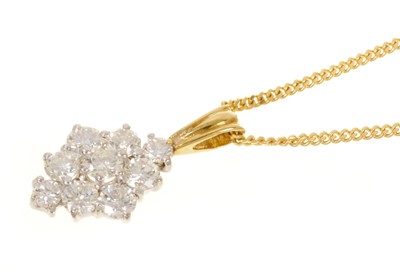 Lot 465 - Diamond cluster pendant with a cluster of nine brilliant cut diamonds in claw setting on 18ct gold chain. Estimated total diamond weight approximately 1ct.