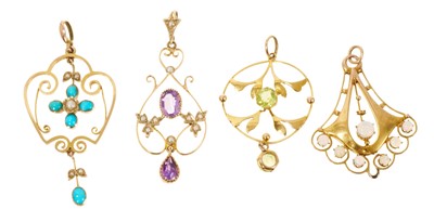 Lot 468 - Four Edwardian 9ct gold and gem-set pendants