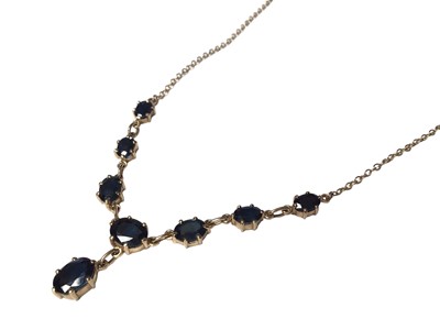 Lot 104 - Edwardian style 9ct gold blue sapphire necklace