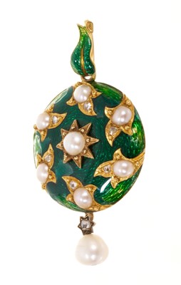 Lot 503 - Victorian gold pearl, diamond and green enamel pendant