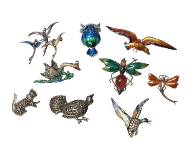 Lot 115 - Good group of nine silver, white metal and enamel novelty brooches in the form of birds, animals and insects