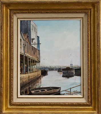 Lot 1015 - *Clive Madgwick (1939-2005) oil on canvas - Ipswich Docks, signed and dated 1975, 30.5cm x 25.5cm, in gilt frame