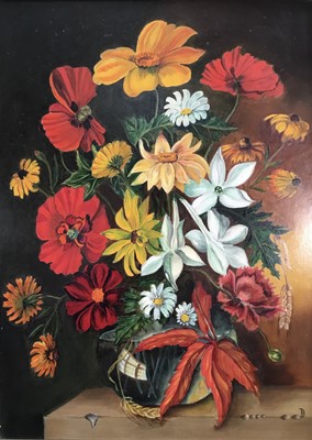 Lot 161 - Contempory oil on board, Still life of flowers, indistinctly signed