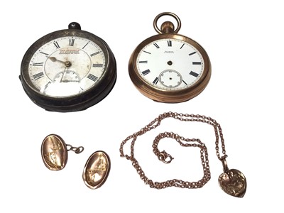 Lot 42 - Silver cased The Everrite pocket watch, gold plated Maton Cardiff pocket watch, 9ct gold heart pendant on chain and one 9ct gold cufflink