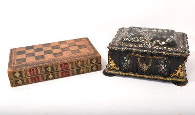 Lot 807 - Antique leather games box in the form of two books, together with a Victorian paper mâché box