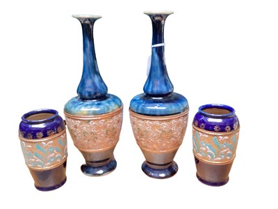 Lot 1138 - Two Doulton Slaters Patent vases with incised decoration, 30.5cm high and 30cm high, together with a smaller pair of vases (4)