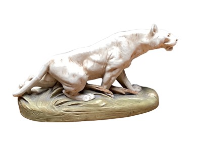 Lot 1142 - Royal Dux model of a tiger, pink triangle mark to base, impressed 2204, 40cm wide, 23.5cm high