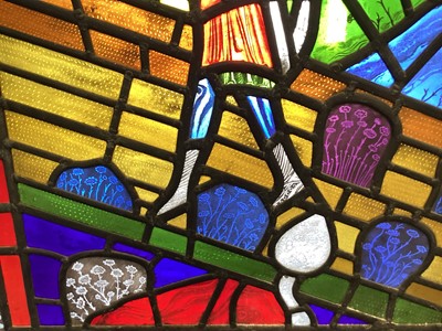 Lot 2633 - Large stained glass panel, signed 'C. Boyce 1971', probably Christine Boyce, a well-known stained glass artist, framed, 72.5cm x 76cm