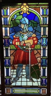 Lot 2635 - Large stained glass panel of a knight, framed, 126cm x 62cm