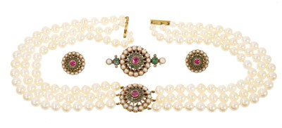 Lot 441 - Cultured pearl choker with ruby, diamond and emerald cluster clasp, matching brooch and earrings