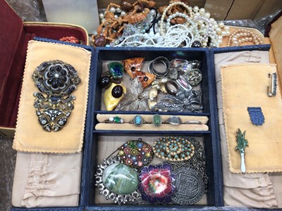 Lot 65 - Group of vintage costume jewellery including an antique style gilt metal enamel and agate brooch, silver jewellery, brooches, rings, various bead necklaces and bijouterie