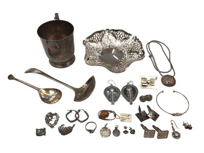 Lot 70 - Group of silver and white metal jewellery, pierced silver bon bon dish, two silver spoons and a silver Goldsmiths & Silversmiths christening mug