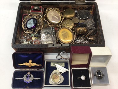 Lot 82 - Box of antique and later jewellery including Victorian gilt metal glazed mourning brooches, silver and enamel Royal Navy sw...