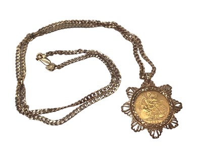 Lot 83 - Elizabeth II gold full sovereign, 1963, in 9ct gold pendant mount on 9ct gold chain