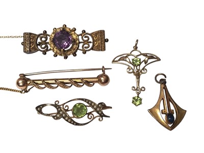 Lot 88 - Art Nouveau style 9ct gold peridot pendant, a similar yellow metal pendant, Victorian yellow metal bar brooch and two other yellow metal gem set brooches