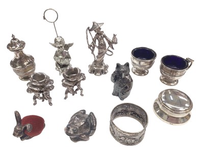 Lot 94 - Silver condiments, silver hunting scene napkin ring, silver desk weight, various silver/white metal figures, animals and ornaments