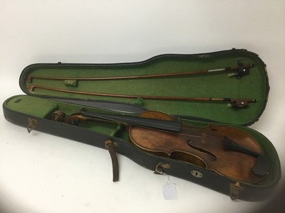 Lot 2220 - Antique violin, cased together with two bows