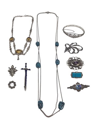 Lot 122 - Group of silver and white metal jewellery including a marcasite bangle and brooches, lapis lazuli and seed pearl sword brooch, citrine necklace with filigree links etc