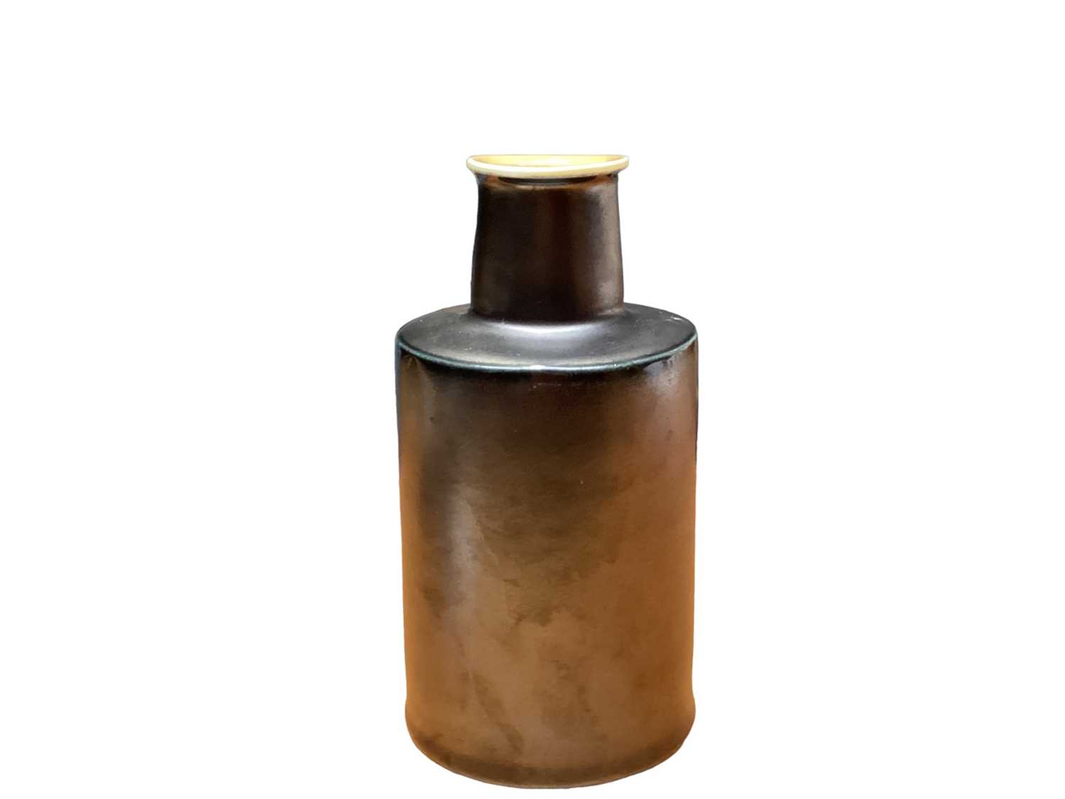 Lot 1206 - Prue Venables studio pottery black bottle vase with yellow interior, 18cm high