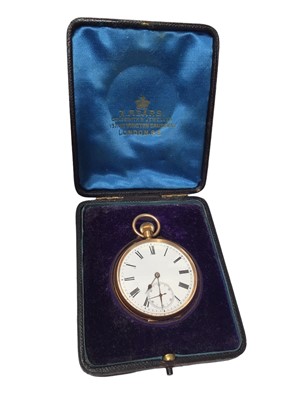 Lot 130 - Swiss 18ct gold cased pocket watch with white enamel dial, subsidary seconds and Roman numeral markers