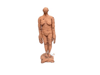 Lot 1156 - Claire Curneen (b.1968) terracotta standing figure with large hands, 45cm high