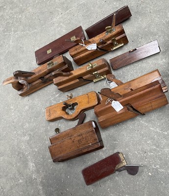 Lot 2505 - Collection of 11 antique woodworking planes to include a Fillster plane by W. Greenslade of Bristol, beechwood router plane by R Saunders, other fillster planes and moulding planes, mostly signe...