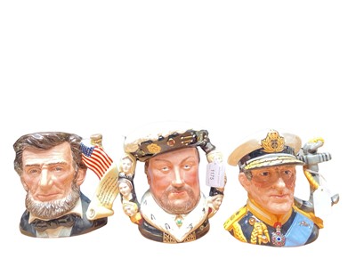 Lot 1175 - Three Royal Doulton limited edition character jugs - King Henry VIII D6888, with certificate, Earl Mountbatten of Burma D6944 with certificate and Abraham Lincoln D6936