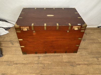 Lot 2520 - Antique military style brass bound tool chest with later fitted interior, brass fittings and brass side carrying handles, approximately 98cm x 61cm x 61cm