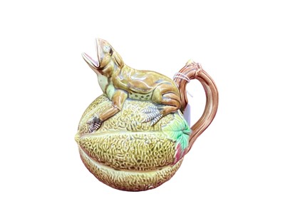 Lot 1181 - Unusual Victorian majolica glazed novelty ewer in the form of a frog on a melon