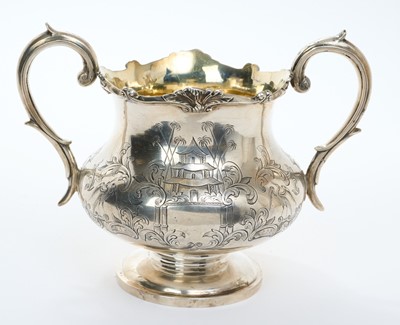 Lot 259 - Victorian silver two handled sugar basin of baluster form, with scroll border and engraved chinoisserie decoration