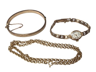 Lot 169 - 9ct gold bangle, 9ct gold belcher link chain and a 9ct gold Rotary wristwatch (3)